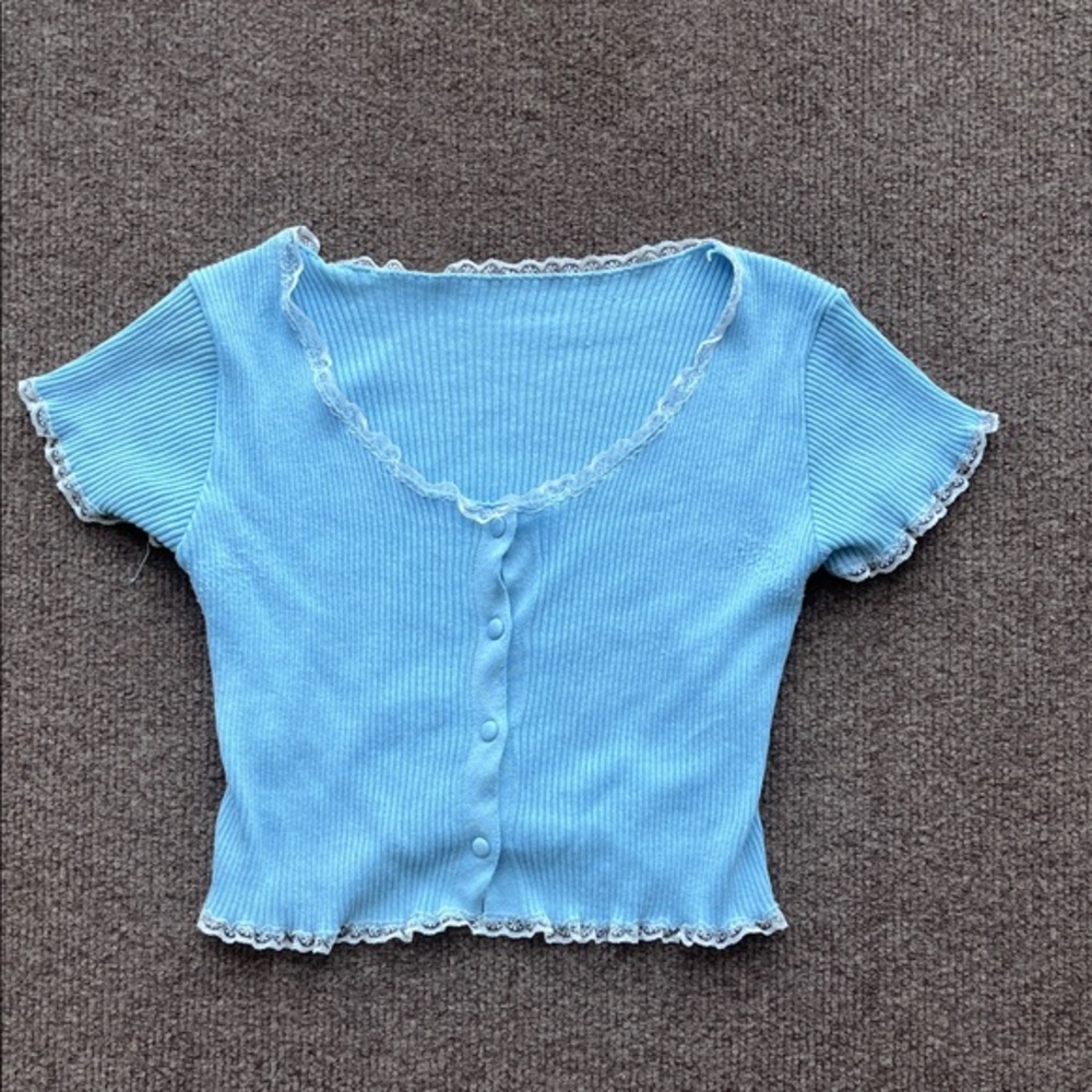 Light Blue Ribbed Lace-Trim Button Front Women's Top